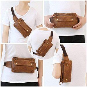Genuine Leather Waist Crossbody Bag - Camel Brown